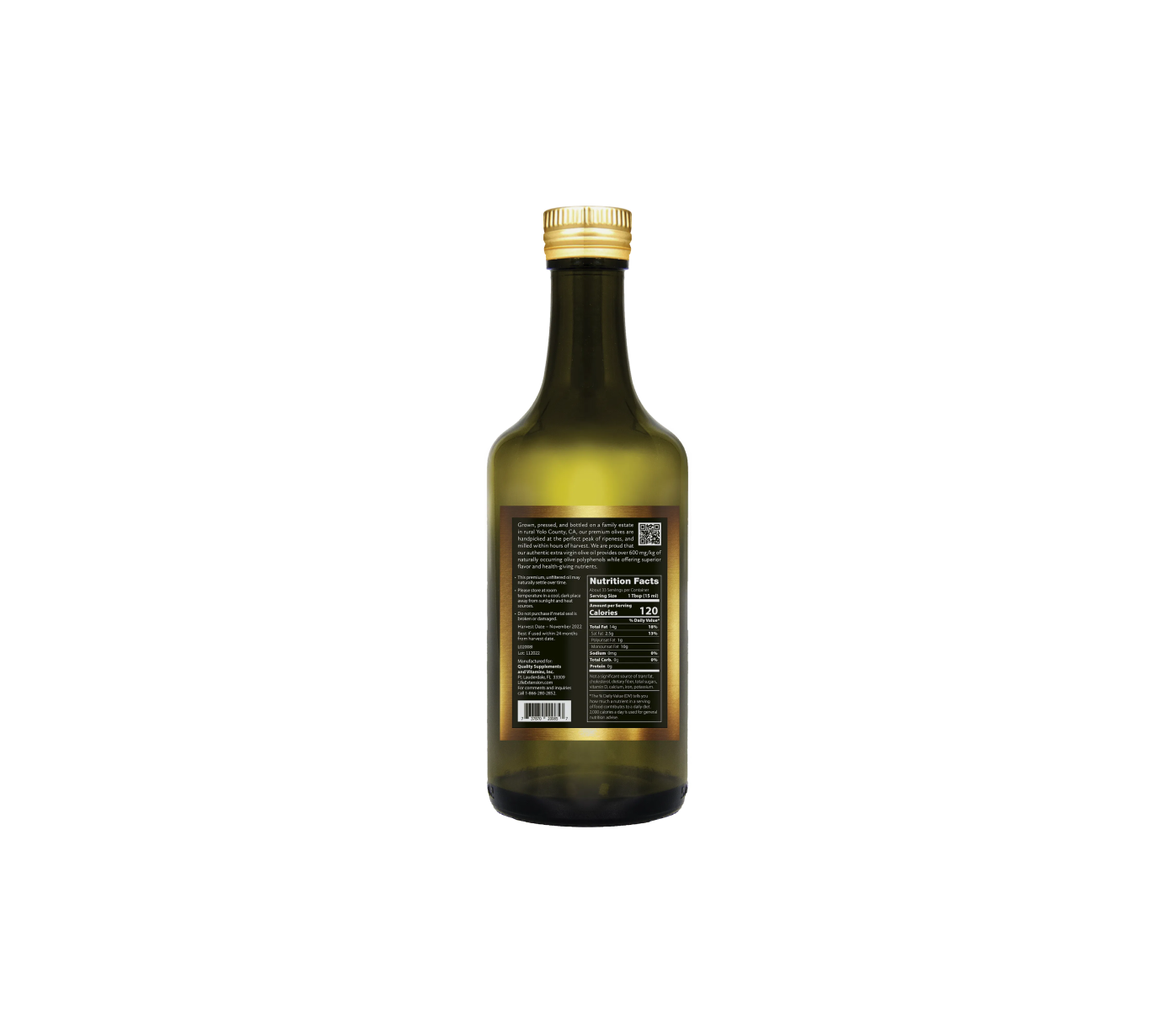Life Extension California Estate Extra Virgin Olive Oil, high in polyphenols. Heart, blood pressure, etc. Supplement facts